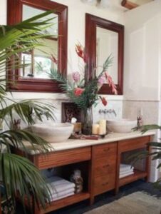 baie moderna amenajata cu plante exotice, mobilier din lemn
